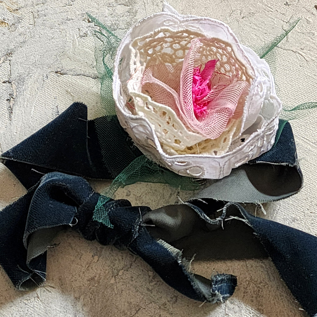 Can I call You Rose / Boho Rose Choker Flower Tie Brooch Clip Upcycled Jabot Magnolia Apple Blossom Upcycled Concept Store