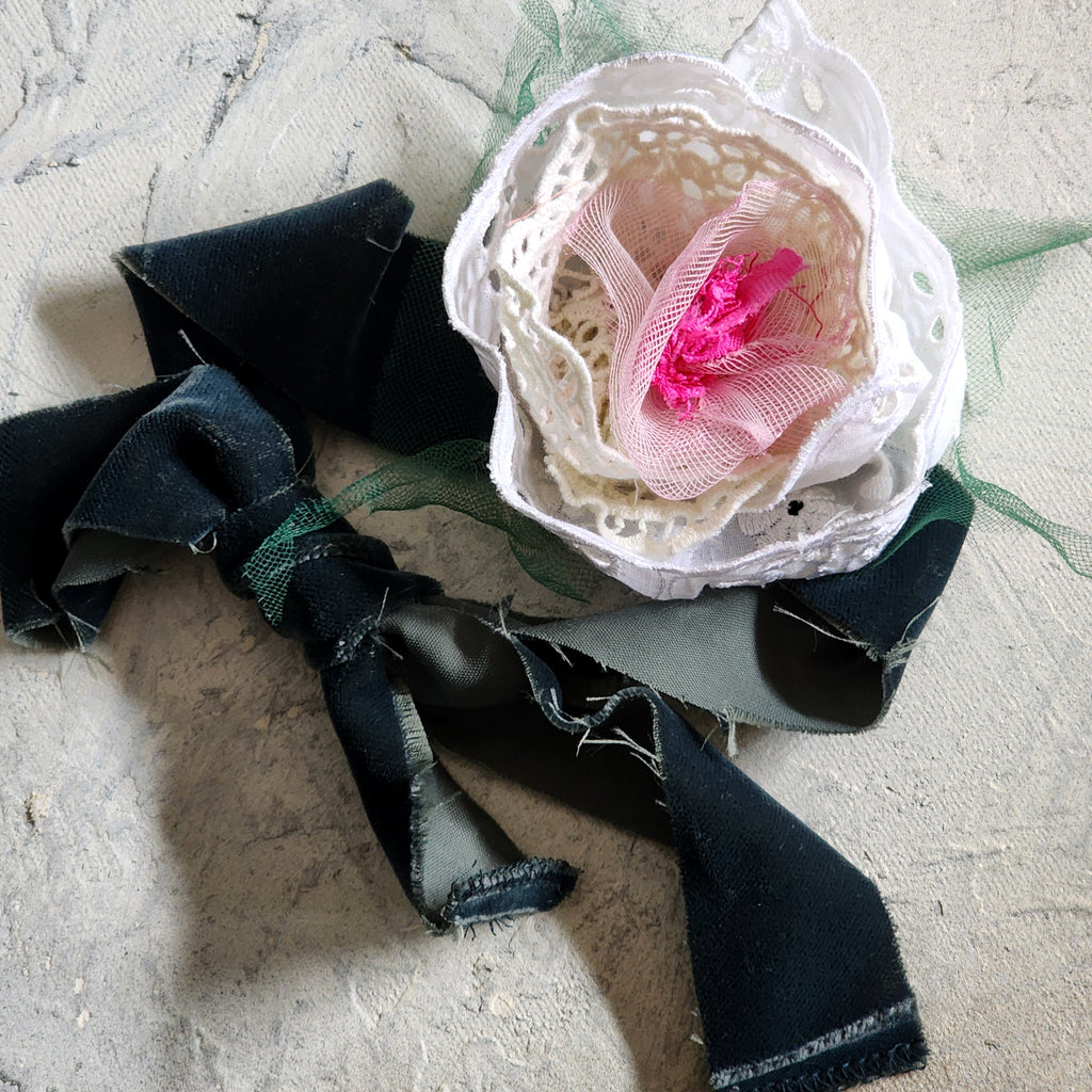 Can I call You Rose / Boho Rose Choker Flower Tie Brooch Clip Upcycled Jabot Magnolia Apple Blossom Upcycled Concept Store