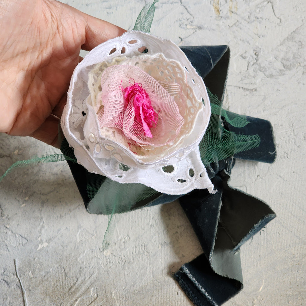 Can I call You Rose / Boho Rose Choker Flower Tie Brooch Clip Upcycled Jabot Magnolia Apple Blossom Upcycled Concept Store