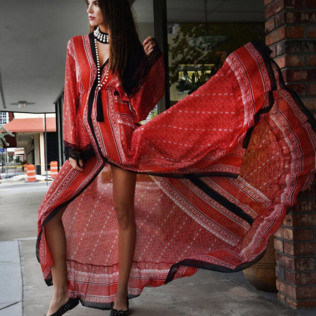 artisanal red maxi dress Handmade Red Viscose Maxi Dress With Belt, Plus Size Available