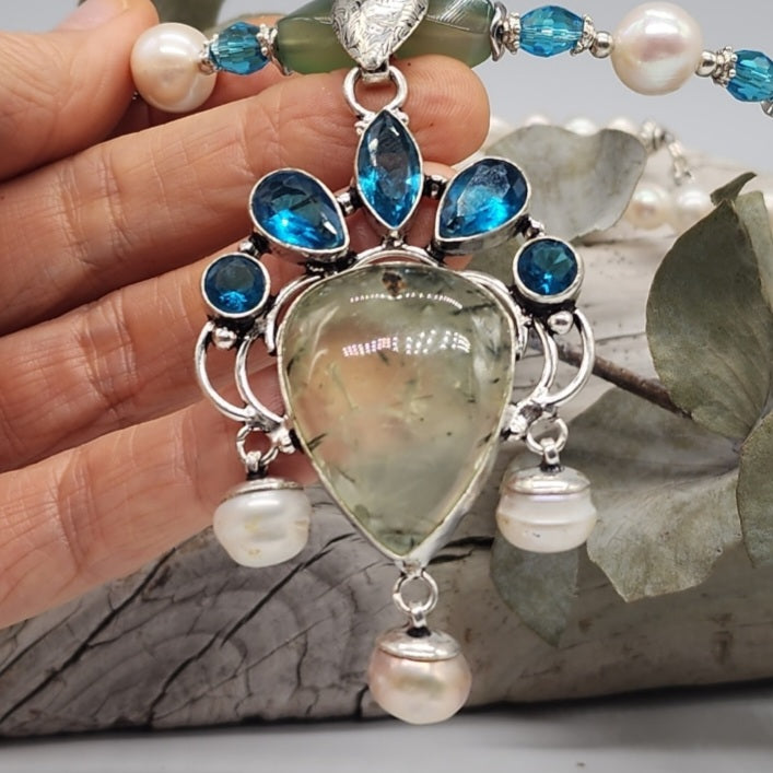 Bohemian Queen / Designer Jewelry Silver Pendant Genuine Prehnite Freshwater Pearls Necklace Boho Artisan Jewelry Gift for Lady