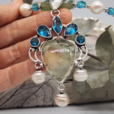 Bohemian Queen / Designer Jewelry Silver Pendant Genuine Prehnite Freshwater Pearls Necklace Boho Artisan Jewelry Gift for Lady