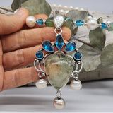 Bohemian Queen / Designer Jewelry Silver Pendant Genuine Prehnite Freshwater Pearls Necklace Boho Artisan Jewelry Gift for Lady