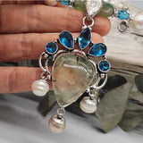 Bohemian Queen / Designer Jewelry Silver Pendant Genuine Prehnite Freshwater Pearls Necklace Boho Artisan Jewelry Gift for Lady