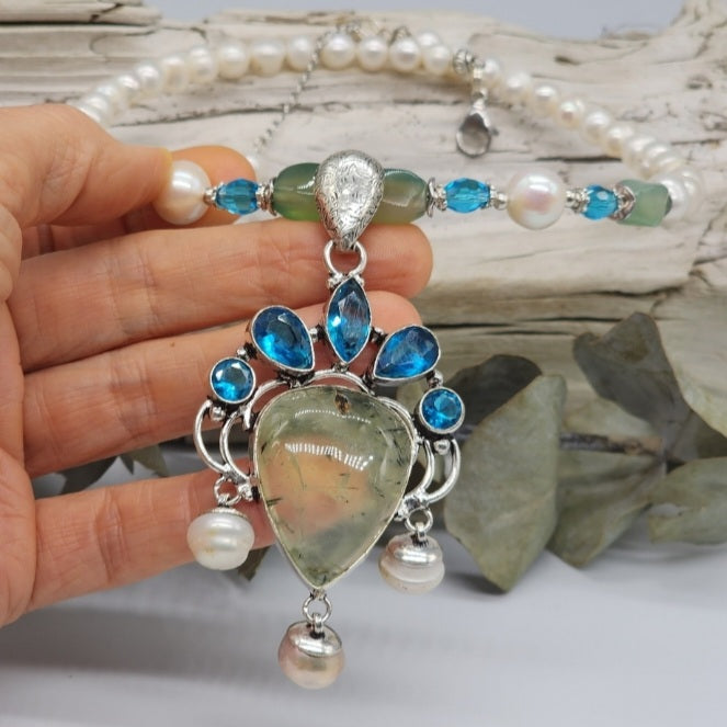 Bohemian Queen / Designer Jewelry Silver Pendant Genuine Prehnite Freshwater Pearls Necklace Boho Artisan Jewelry Gift for Lady