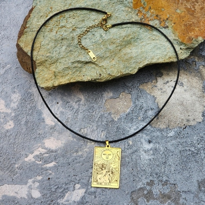 GOLD TAROT / Gold Tarot Card Pendant Leather Necklace Unique Necklace Hand Stars Mystic Spell Necklace Celestial Jewelry Gift for Her
