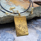 GOLD TAROT / Gold Tarot Card Pendant Leather Necklace Unique Necklace Hand Stars Mystic Spell Necklace Celestial Jewelry Gift for Her