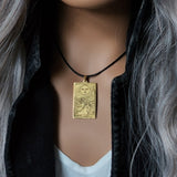 GOLD TAROT / Gold Tarot Card Pendant Leather Necklace Unique Necklace Hand Stars Mystic Spell Necklace Celestial Jewelry Gift for Her