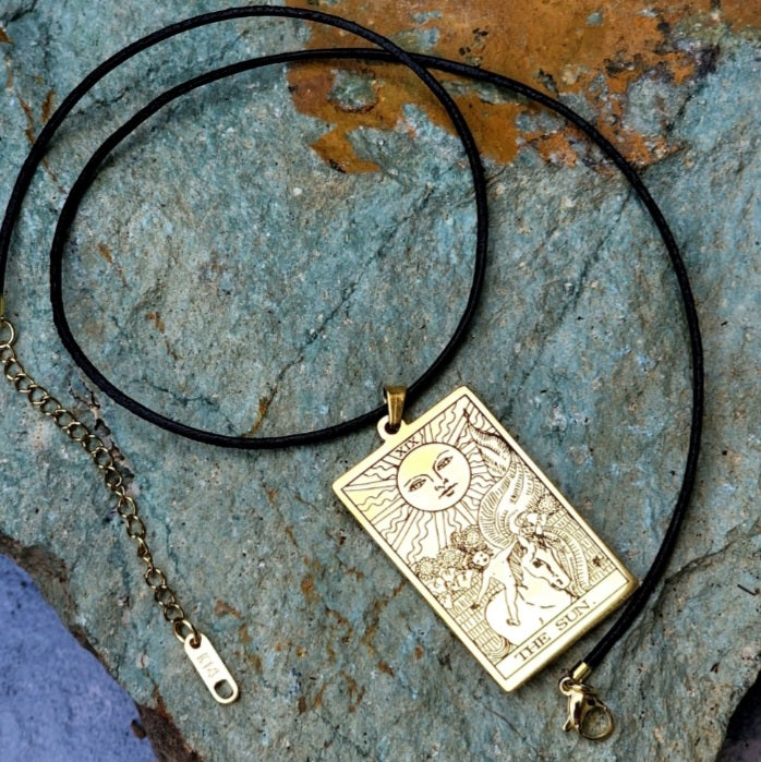 GOLD TAROT / Gold Tarot Card Pendant Leather Necklace Unique Necklace Hand Stars Mystic Spell Necklace Celestial Jewelry Gift for Her