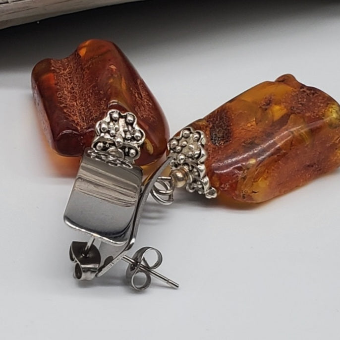Charm Your Day / Designer Jewelry Raw Amber Stone Earrings Hypoallergenic Jewelry with Natural Amber Gift for Momen