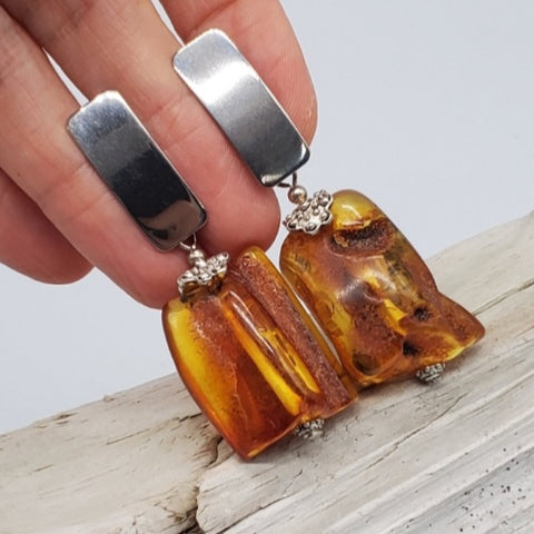 Charm Your Day / Designer Jewelry Raw Amber Stone Earrings Hypoallergenic Jewelry with Natural Amber Gift for Momen