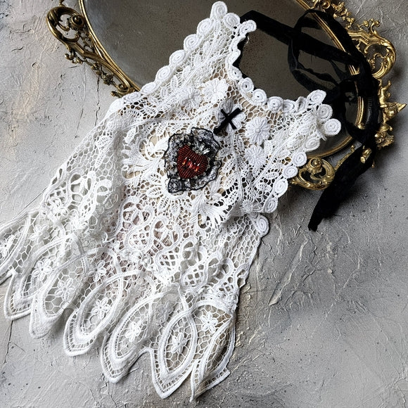 Merryheart Armor Crimson Scarlet / Collar Jabot Tie Upcycled Lace Red Crystal Heart Black Cross Boho Vintage Bow