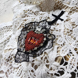 Merryheart Armor Crimson Scarlet / Collar Jabot Tie Upcycled Lace Red Crystal Heart Black Cross Boho Vintage Bow