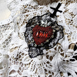 Merryheart Armor Crimson Scarlet / Collar Jabot Tie Upcycled Lace Red Crystal Heart Black Cross Boho Vintage Bow