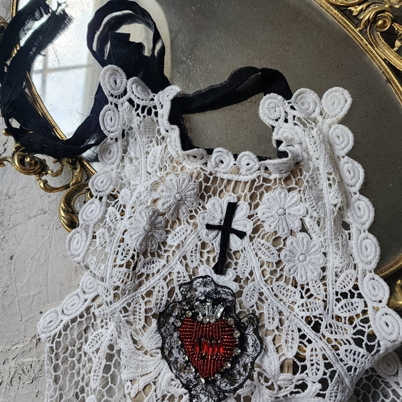 Merryheart Armor Crimson Scarlet / Collar Jabot Tie Upcycled Lace Red Crystal Heart Black Cross Boho Vintage Bow