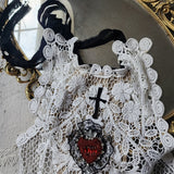 Merryheart Armor Crimson Scarlet / Collar Jabot Tie Upcycled Lace Red Crystal Heart Black Cross Boho Vintage Bow