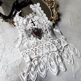 Merryheart Armor Crimson Scarlet / Collar Jabot Tie Upcycled Lace Red Crystal Heart Black Cross Boho Vintage Bow