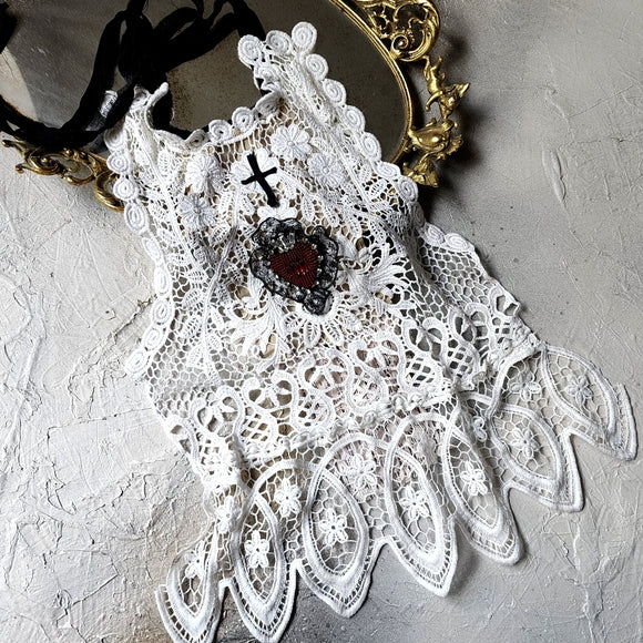 Merryheart Armor Crimson Scarlet / Collar Jabot Tie Upcycled Lace Red Crystal Heart Black Cross Boho Vintage Bow