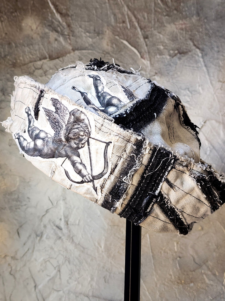 Angel Swing / Avant-Garde Sailor Hat Dyed Distressed Denim Cupid Angel Print Logo Patch Dark Academy Vintage