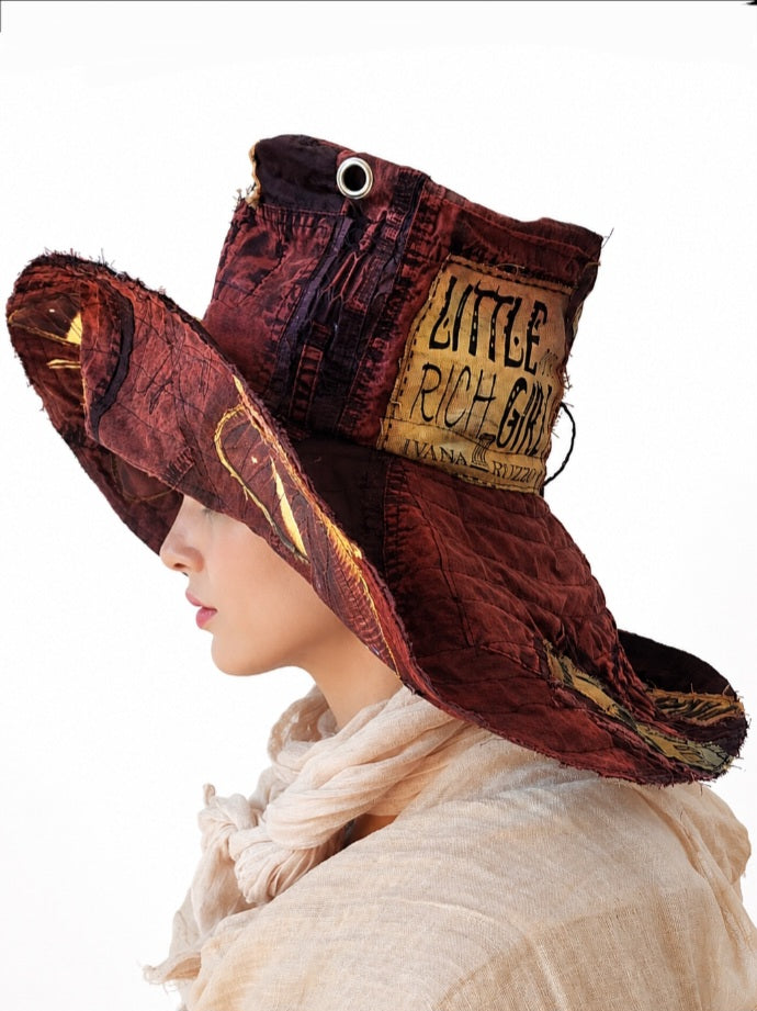 Melanitis Leda / Designer Top Hat Upcycled Raw Wide-Brim Butterfly Patched Artisan Hat Avant-Garde Sculptural Hat