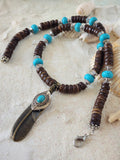 Bohemian Lover / Surf Choker Blue Stone Bronze Feather Unique Beaded Necklace for Men