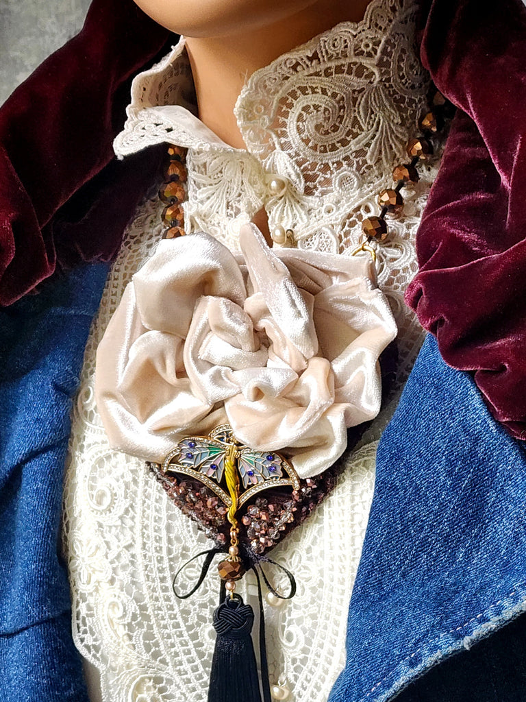 Camellia / Victorian Jabot Black Tassel Vintage Rose Velvet White Camellia Necktie Shabby Chic Cottage Botanical