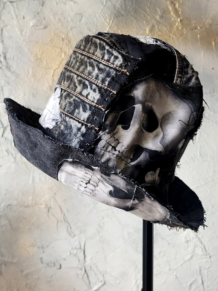 SAINT AND RELIC NUMBER 5 / AVANT-GARDE TOP HAT SKULL APLIQUE UPCYCLED BLACK DENIM SCULPTURED ARTISAN HAT