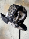 SAINT AND RELIC NUMBER 5 / AVANT-GARDE TOP HAT SKULL APLIQUE UPCYCLED BLACK DENIM SCULPTURED ARTISAN HAT