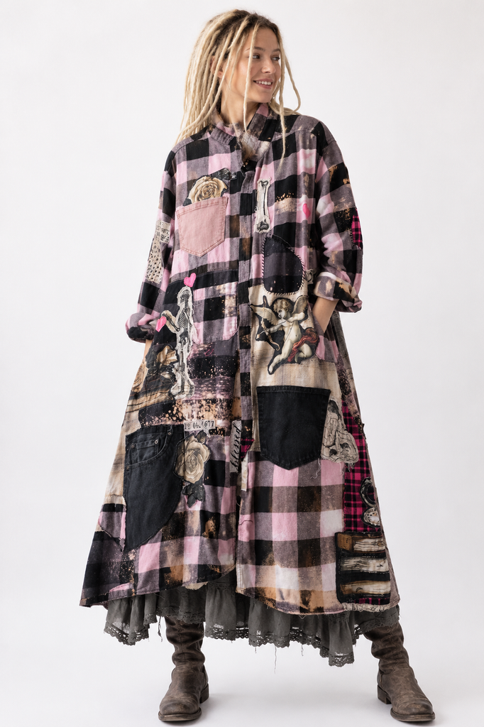 BEAUTIFULLY BROKEN / Designer Upcycled Kimono Duster Button-Down Flannel Top Artisan Cottage Appliqué