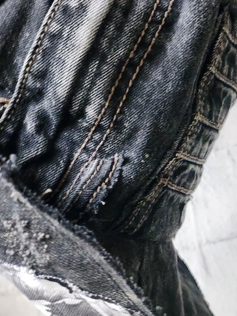 SAINT AND RELIC NUMBER 5 / AVANT-GARDE TOP HAT SKULL APLIQUE UPCYCLED BLACK DENIM SCULPTURED ARTISAN HAT