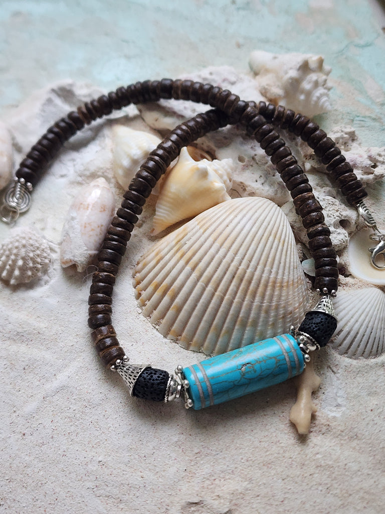 Tiki Bar / Large Surf Choker Natural Blue Stone Bronze Feather Unique Beaded Necklace for Men