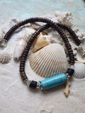 Tiki Bar / Large Surf Choker Natural Blue Stone Bronze Feather Unique Beaded Necklace for Men