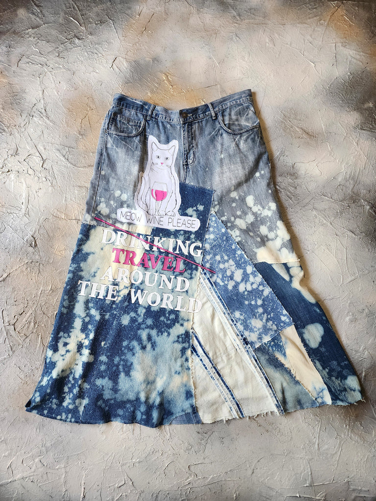 Drink Around the World / Avant-garde Designer Maxi Skirt Upcycled Recycled Denim Chic Concept Street wear