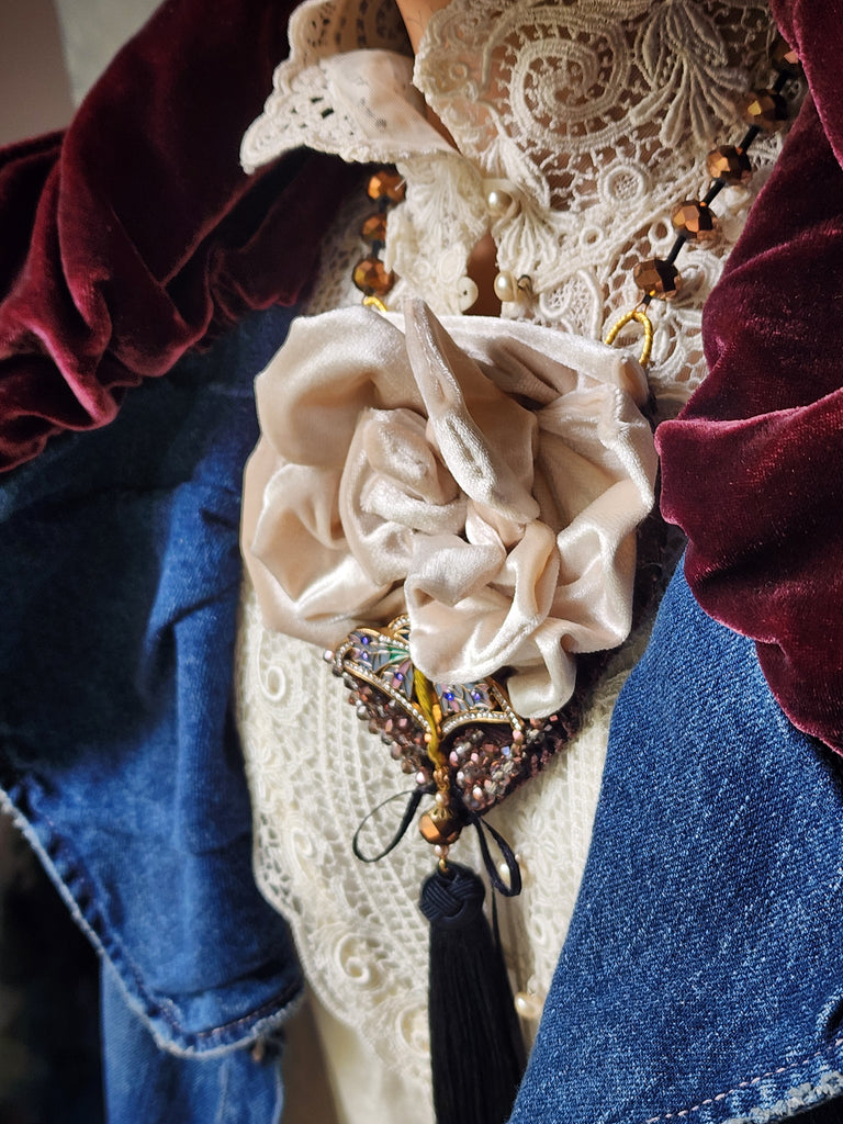 Camellia / Victorian Jabot Black Tassel Vintage Rose Velvet White Camellia Necktie Shabby Chic Cottage Botanical