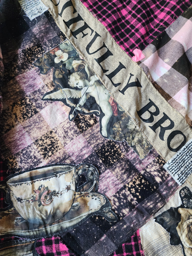BEAUTIFULLY BROKEN / Designer Upcycled Kimono Duster Button-Down Flannel Top Artisan Cottage Appliqué