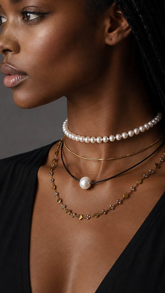 Floating Pearl / 14K Yellow Gold Plated Chain Clasp Freshwatter Large Natural Pearl Genuine Black Leather