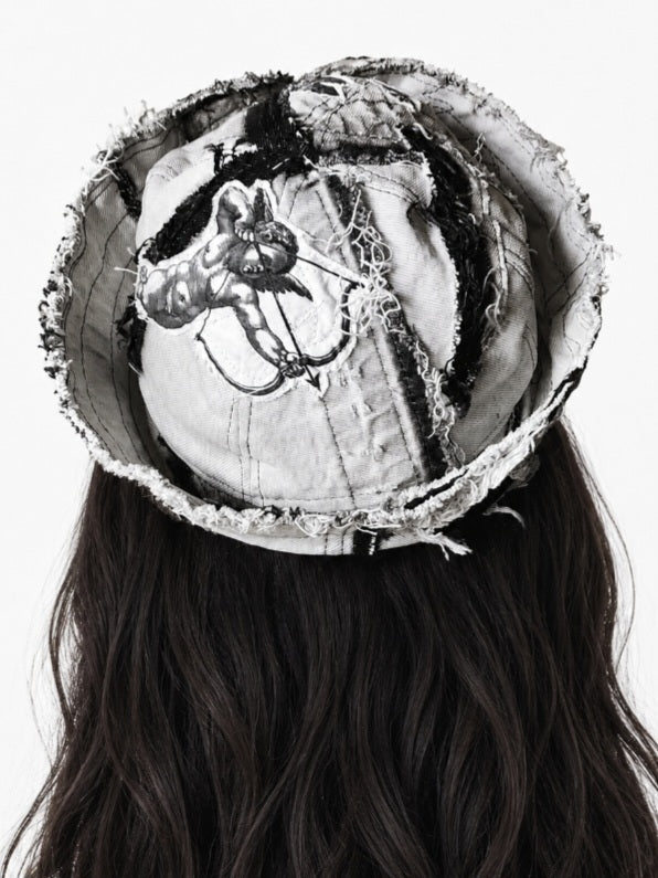 Angel Swing / Avant-Garde Sailor Hat Dyed Distressed Denim Cupid Angel Print Logo Patch Dark Academy Vintage