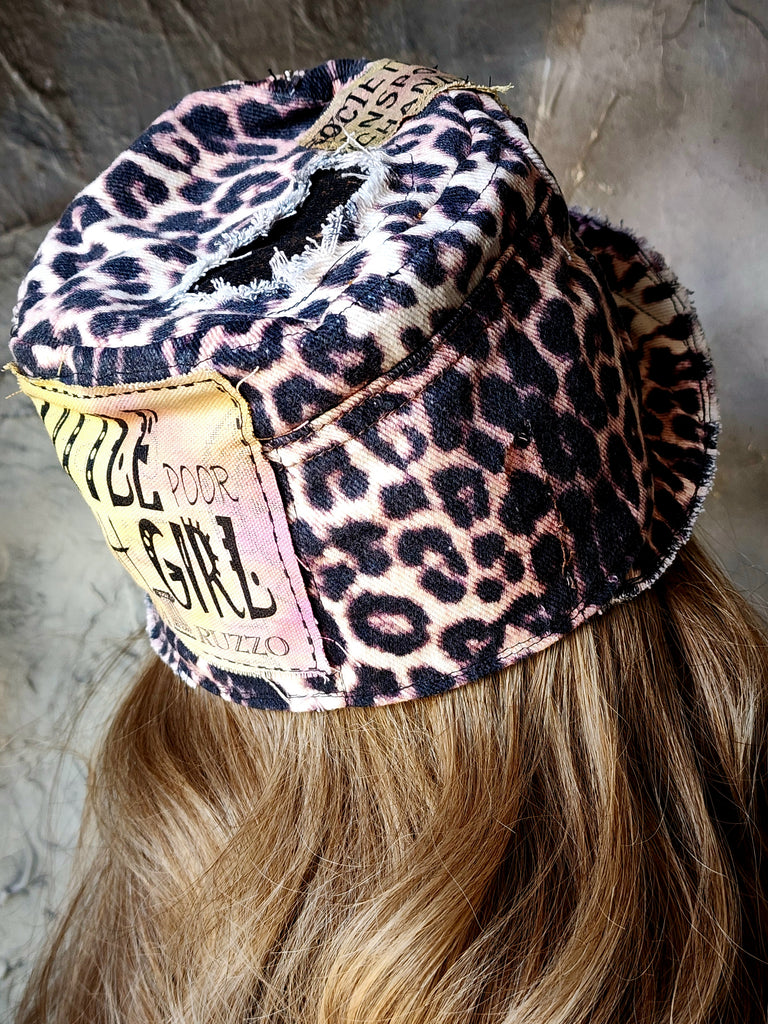 OP-La GURSON / Avant-Garde Top Hat Sculptured Designer French Garçon Cap Upcycled Leopard Raw Cut Patched