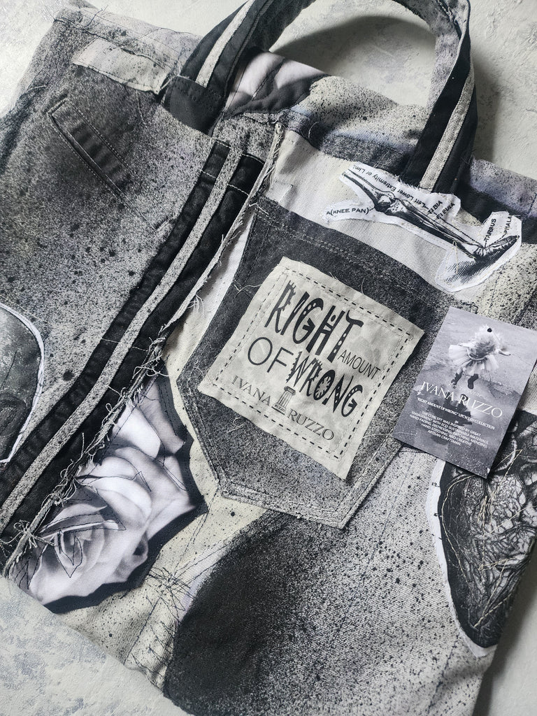 FOLL OF IT / Designer Handbag Distressed Black Denim Scull Appliqué Logo Eye Patch Appliqué Avant-garde Street-wear