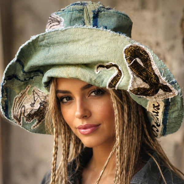 ARCHIVIST / Avant-Garde Sculptured Tophat Wide Side Upcycled Denim Raw Cut Snake Print Patched Dark Academy Vintage style