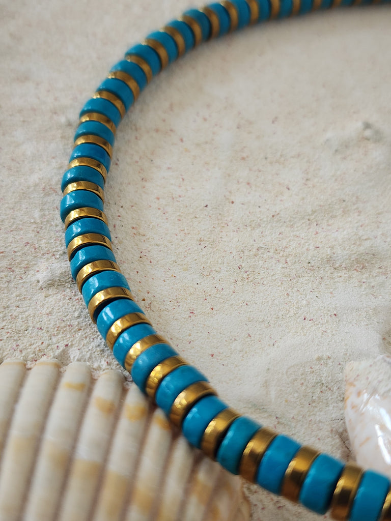 Snake Island / Surf Choker Natural Blue Stone Turquoise Unique Beaded Necklace for Men