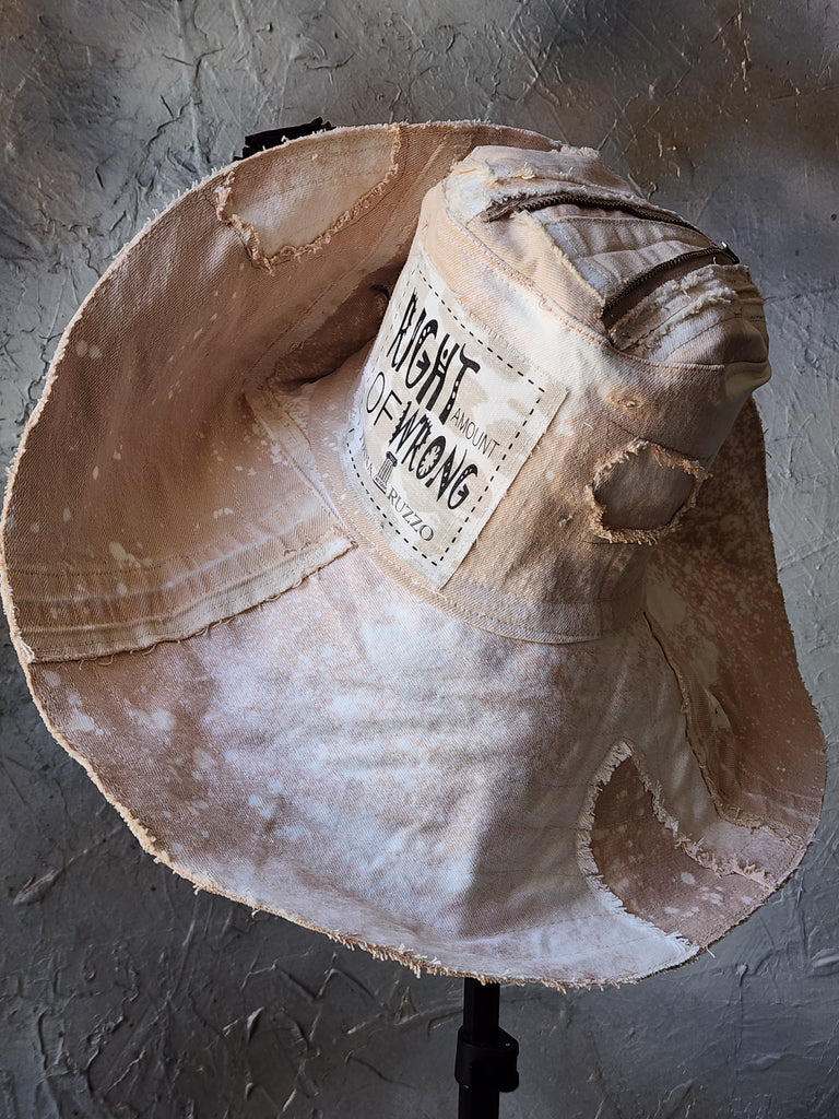 Comtesse La Fleur / Designer Top Hat Upcycled Raw Wide-Brim Rose Pin Pearl Embellishment Patched Artisan Hat
