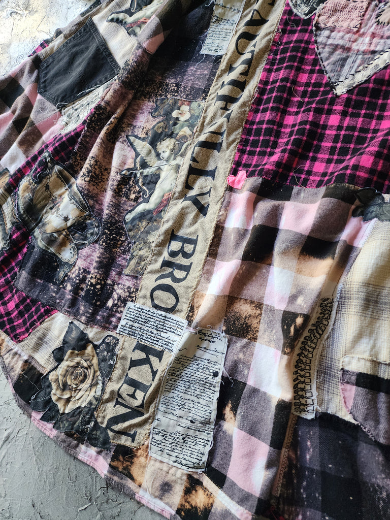 BEAUTIFULLY BROKEN / Designer Upcycled Kimono Duster Button-Down Flannel Top Artisan Cottage Appliqué