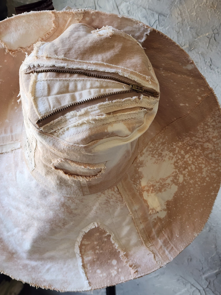 Comtesse La Fleur / Designer Top Hat Upcycled Raw Wide-Brim Rose Pin Pearl Embellishment Patched Artisan Hat