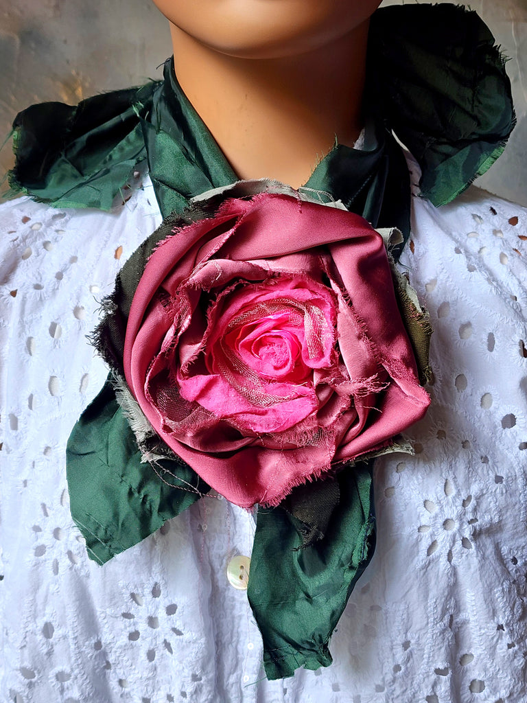 Madame Veronica / Vintage Lace Silk  Cottage Romantic Flower Large Edwardian French Rose BowtieJabot Boho