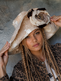 Comtesse La Fleur / Designer Top Hat Upcycled Raw Wide-Brim Rose Pin Pearl Embellishment Patched Artisan Hat