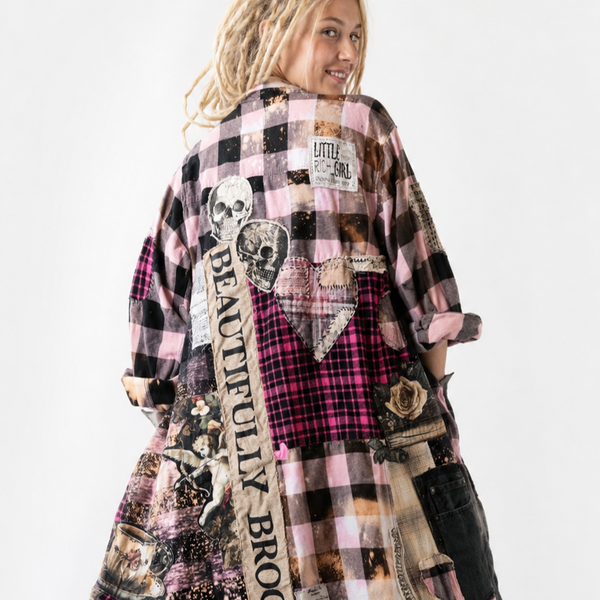 BEAUTIFULLY BROKEN / Designer Upcycled Kimono Duster Button-Down Flannel Top Artisan Cottage Appliqué