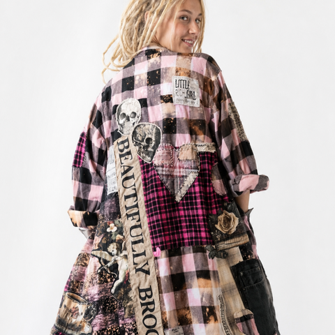 BEAUTIFULLY BROKEN / Designer Upcycled Kimono Duster Button-Down Flannel Top Artisan Cottage Appliqué