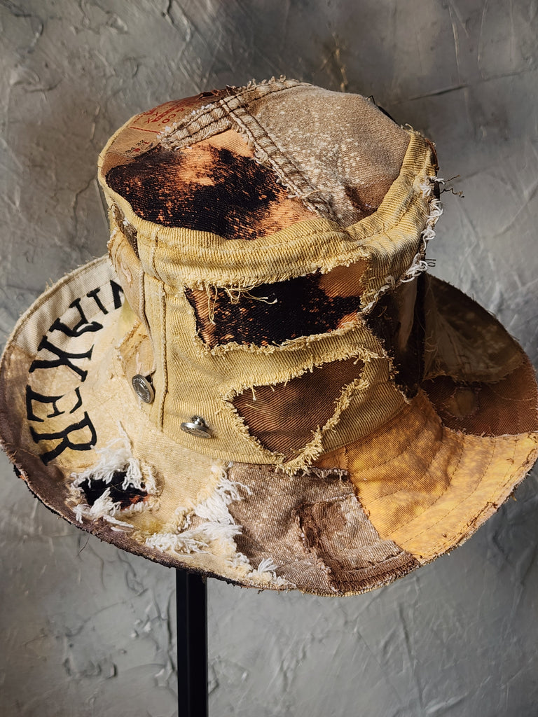 PEACEMACKER  / Designer Top Hat Upcycled Raw Wide-Brim Butterfly Patched Artisan Hat Avant-Garde Sculptural Hat