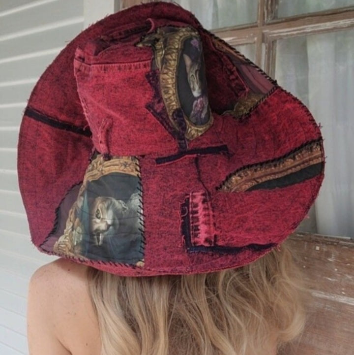 Baroque Cat / Burgundy Denim Designer Top Hat Ripped Patched Cottage Hand Stitched Of-White Peony/Rose Pin